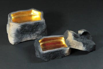 Black Pottery Sculptural Object with Gold-Leaf Interiors –
