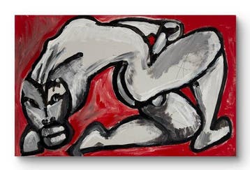 Gundi Falk (1966) - Nu gestuel recroquevillé au fond rouge
