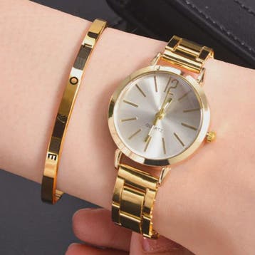 Luxe Dameshorloge Set met Minimalistische Wijzerplaat en Gou, Verzenden, Nieuw