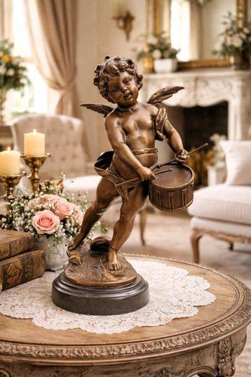 sculptuur, Verfijnd brons beeld van een cherubijn - 30 cm -, Antiek en Kunst