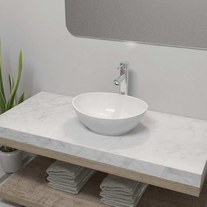 vidaXL Badkamerwastafel met mengkraan ovaal keramiek wit, Doe-het-zelf en Verbouw, Sanitair, Nieuw, Verzenden