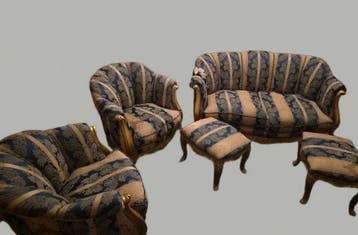 Loungestoel met voetenbank (5) - Verguld hout, Damask zijde,