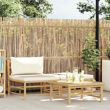 vidaXL 3-delige Loungeset met crèmewitte kussens bamboe, Verzenden, Nieuw, Hout, Loungeset