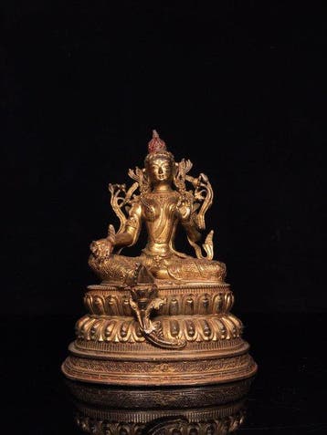 Beeld, Tibetan Buddhist Green Tara Copper Statue - 22 cm -