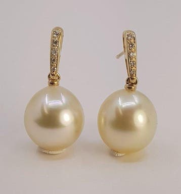 Oorbellen - 14 karaat 11×12 mm gouden Zuidzee parels, Geel, Nieuw