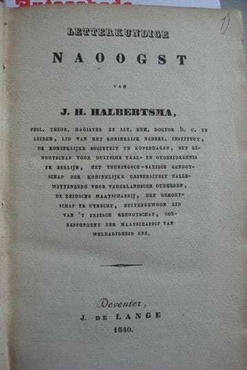Joost Hiddes Halbertsma - LETTERKUNDIGE NAOOGST - 1840-1845