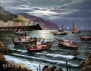 Mario Galanti (XX) - Pescatori nella baia al chiaro di luna