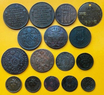 Wereld. Lote de 14 moedas e medalhas históricas de, Postzegels en Munten