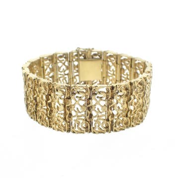 Gouden brede fantasie schakelarmband, Ophalen of Verzenden, Gebruikt, Goud, Goud