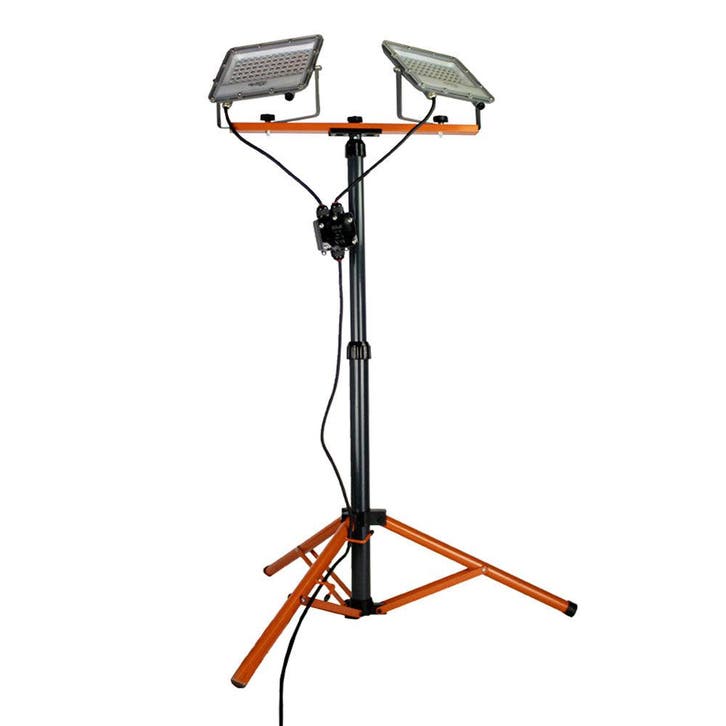 Bouwlamp op statief | 2x 50 watt | Zwart / Oranje, Doe-het-zelf en Verbouw, Bouwverlichting, Lamp met armatuur, Nieuw, 50 tot 200 watt