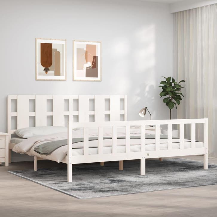 vidaXL Bedframe met hoofdbord massief hout wit 180x200 cm, Huis en Inrichting, Slaapkamer | Bedden, 80 cm, 200 cm, Wit, Eenpersoons
