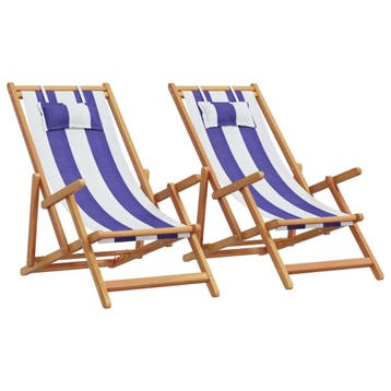 vidaXL Opklapbare stoelen, 2 stuks, blauw-witte stof en, Tuin en Terras, Tuinstoelen, Verzenden, Nieuw, Hout