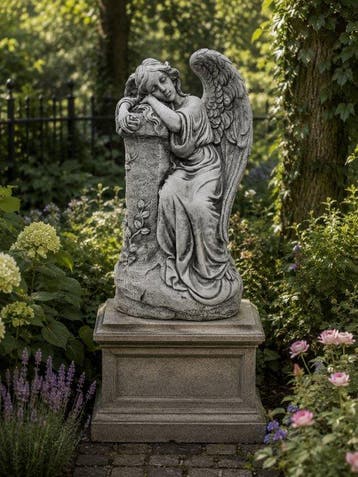 Beeld, heavy garden statue angel resting against column - 41
