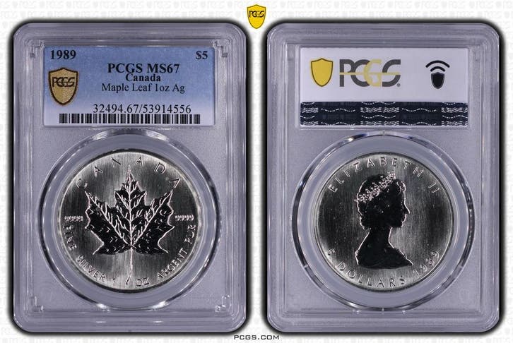Canada 1 oz Maple Leaf 1989 PCGS MS67 gecertificeerd, Postzegels en Munten, Munten | Amerika, Noord-Amerika, Losse munt, Zilver