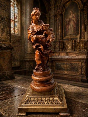 sculptuur, Buxushout gesneden Maria & Kind op Bronzen sokkel