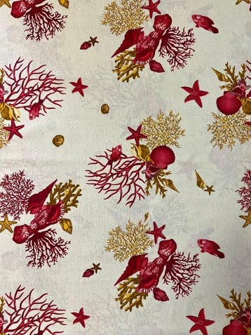Elegante all-over mariene decoratieve stof met rode koralen.
