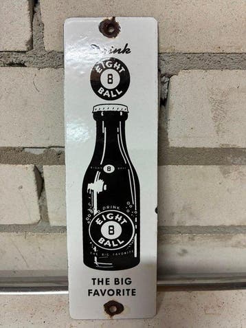 Vintage Eight Ball soda / frisdrank reclamebord – emaille op