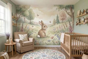 Konijn behang babykamer – bloemen fotobehang op maat, Verzenden, Fotobehang