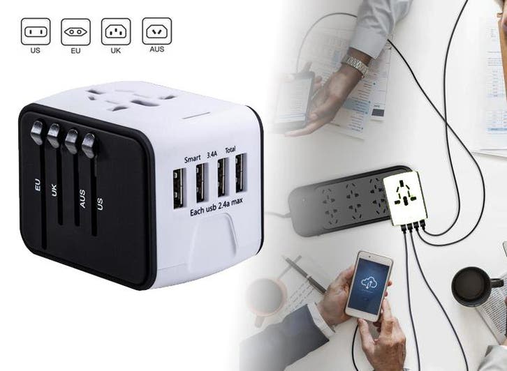 Universele Wereldstekker met 4 USB Poorten - Internationale, Audio, Tv en Foto, Opladers, Nieuw, Verzenden