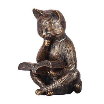 sculptuur, Antique Style Cat Reading Figurine – Bronze Look