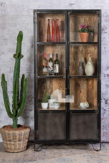 Vitrinekast Handle-Mango, mangohout + staal., Glas, Nieuw, Met plank(en), Industriëel