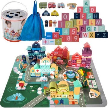 100-delige Houten blokken - Met vloerpuzzel Stad - Met 6, Kinderen en Baby's, Speelgoed | Houten speelgoed, Ophalen of Verzenden