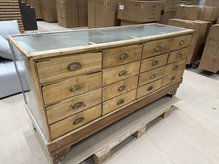 Antieke/vintage winkeltoonbank met glazen vitrine en lade, Antiek en Kunst, Antiek | Overige Antiek