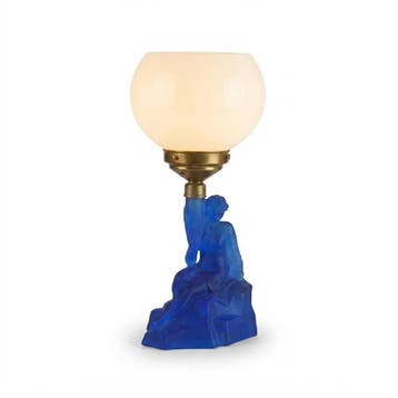 Art Deco vrouwenlamp, blauw matglas en opaline bol, Ophalen of Verzenden, Gebruikt