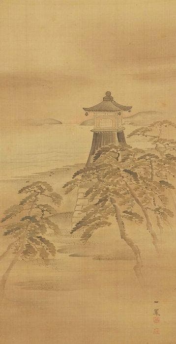 Kaihin no zu  (Schilderij van de zeekust) - Zijde -, Antiek en Kunst