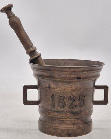 Vijzel en stamper - Antiek mortier met pilon – brons /, Antiek en Kunst