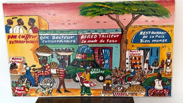 Schilderij - Afrikaanse straatscène – Levendig stedelijk, Antiek en Kunst, Kunst | Niet-Westerse kunst