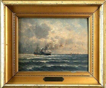 Romain Steppe (1859-1927) - Meeresmotiv mit Damfschiff