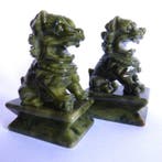 Paartje handgesneden serpentine leeuwen - 9 x 6 cm- 598 g