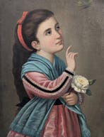 Italiaanse school (XIX) - Fanciulla con rosa e farfalla