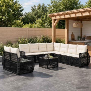 vidaXL Tuinbankenset 10 st Zwart en Cream Wit poly rattan, Verzenden, Nieuw, Meer dan 8 zitplaatsen