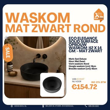 Mat zwarte ronde waskom 42 cm - SOLID SURFACE - OUTLET, Minder dan 50 cm, Nieuw, Ophalen of Verzenden, Minder dan 25 cm