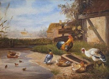 Europese school (XX) - Pluimvee en eenden bij de boerderij, Antiek en Kunst, Kunst | Schilderijen | Klassiek