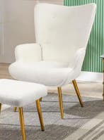 Fauteuil met Kruk – Lamswol Bekleding &amp; Gouden Poten, Huis en Inrichting, Stoelen, Verzenden, Nieuw