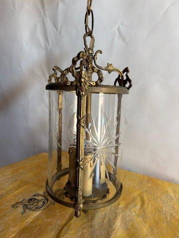 Plafondlamp - Lantaarn, messing - convex glas - Verguld