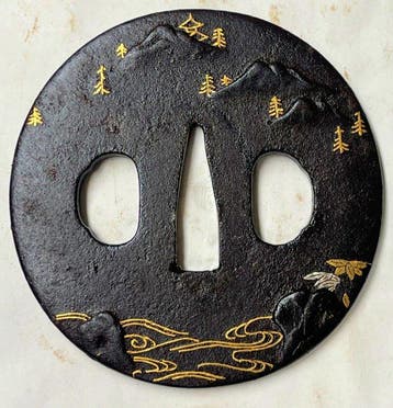 pagode berg natuurtafereel motief tsuba - Japan