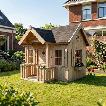 Houten speelhuis 16mm met veranda, 4 ramen en plantenbakk..., Ophalen of Verzenden, Nieuw