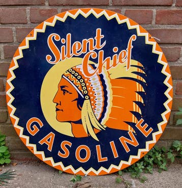 Silent Chief Gasoline Dubbelzijdig Emaille Bord - Ø61cm, Ophalen, Gebruikt