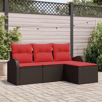vidaXL Bankstel 4 st Bruin en Rood poly rattan, Verzenden, Nieuw, Rotan, 4 zitplaatsen