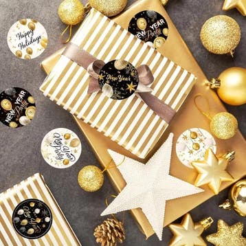 Sluitstickers etiketten happy new year goud & zwart rond, Ophalen of Verzenden, Nieuw