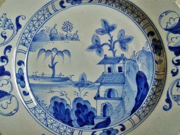Bord - Weinig voorkomend Delfts Blauw Chinoiserie landschap