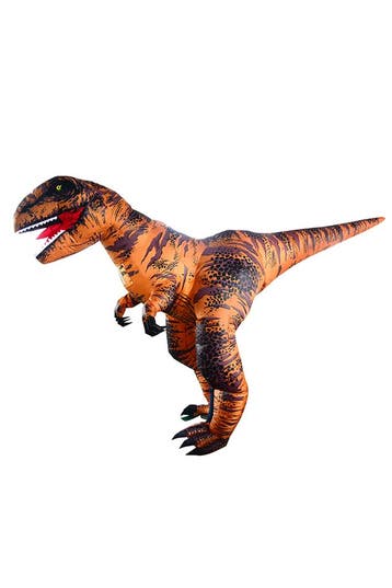 KIMU® Opblaas Kostuum Velociraptor Bruin Opblaasbaar Pak Din, Carnaval, Nieuw, Overige maten, Ophalen of Verzenden