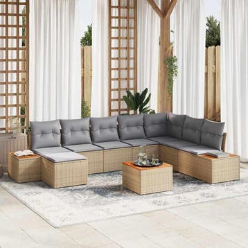 vidaXL Tuinbankenset 9 st Beige Poly riet, Verzenden, Nieuw, Rotan, Meer dan 8 zitplaatsen