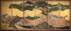 Een antiek Japans zesdelig vouwscherm met kraanvogels,
