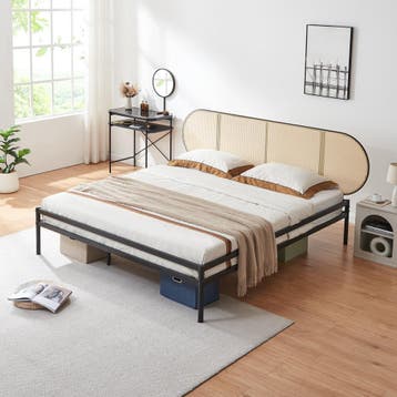 Metalen bed Linköping met matras 180x200 cm zwart en rotan l, Verzenden, Nieuw