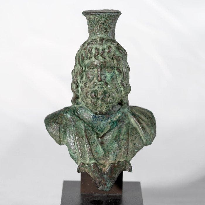 Romano-Egyptisch Brons buste van Serapis, 12,8 cm -Ex, Verzamelen, Mineralen en Fossielen